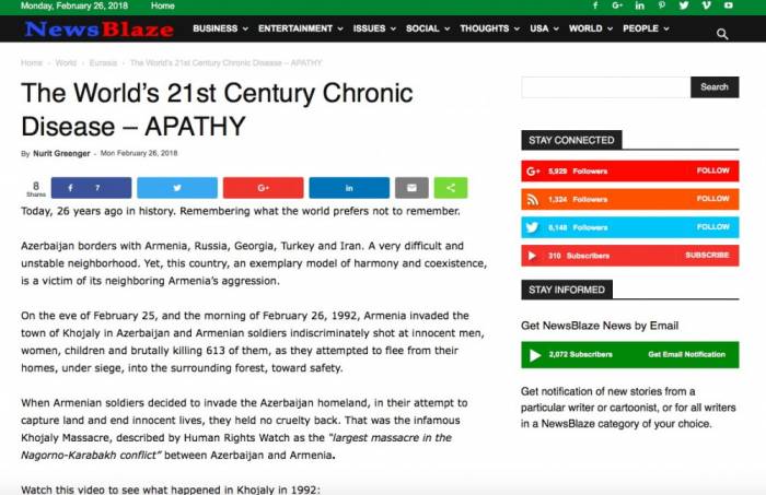 News Blaze о Ходжалинской резне и «хронической болезни мира в XXI веке»