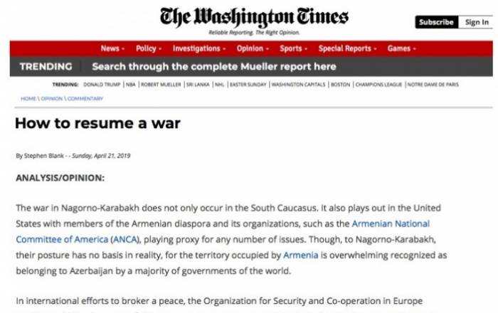 Washington Times о подрывной деятельности армянского лобби: "Как возобновить войну?"