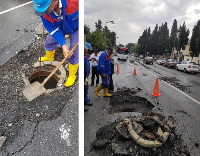 В азербайджанском поселке просела дорога