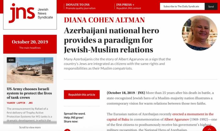Jewish News Syndicate: Нацгерой Азербайджана представляет собой пример еврейско-мусульманских отношений

