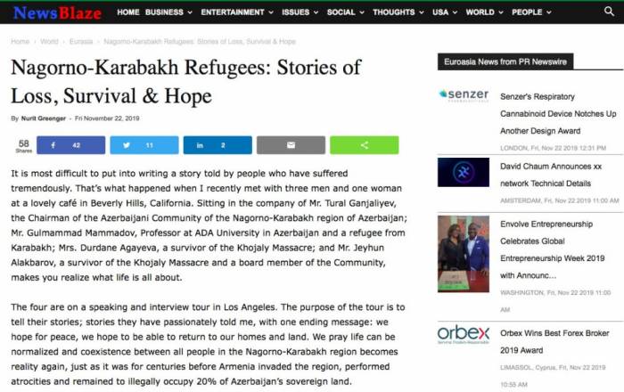 В американском издании News Blaze опубликована статья о вынужденных переселенцах из Нагорного Карабаха

