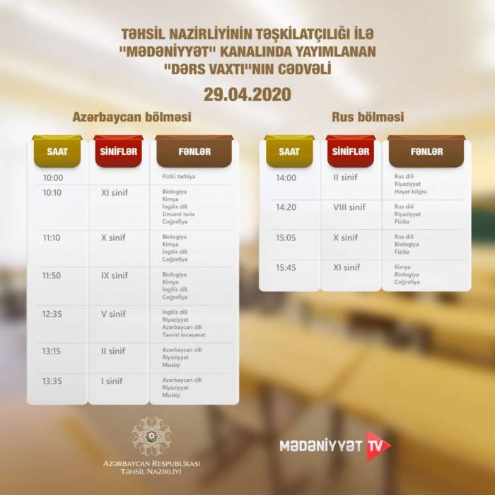 В Азербайджане обнародовано завтрашнее расписание школьных телеуроков
