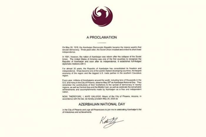 В столице американского штата Аризона 28 мая объявлен Национальным днем Азербайджана
