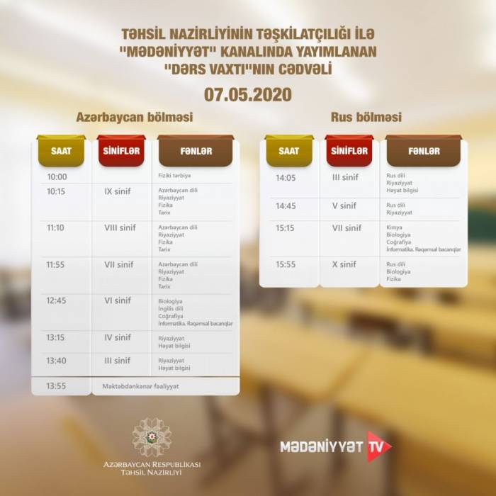В Азербайджане обнародовано расписание школьных телеуроков на 7 мая
