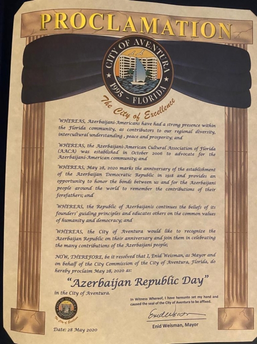 В городе Авентура штата Флорида 28 мая был объявлен Днем Республики Азербайджана