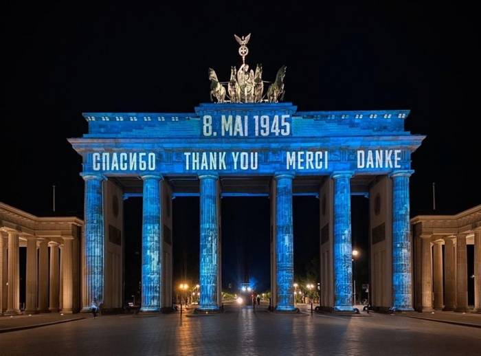 Слова благодарности на 4 языках на Бранденбургских воротах
