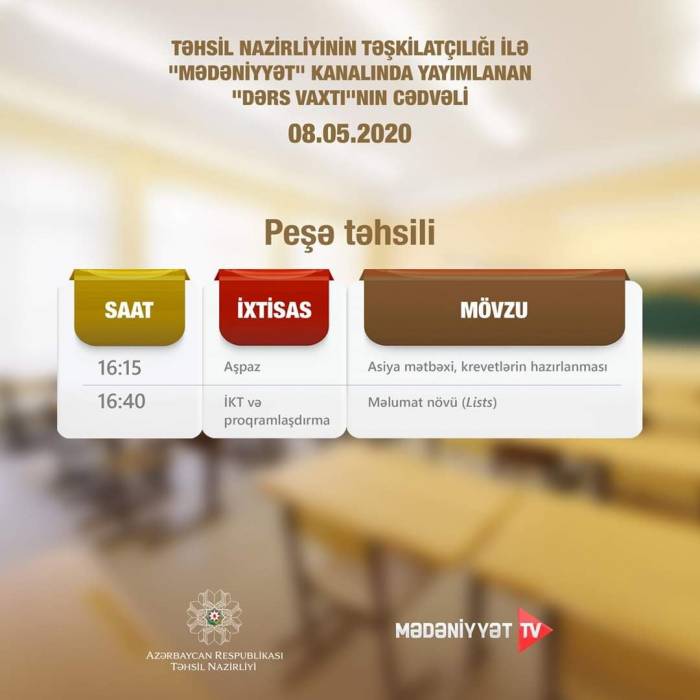 В Азербайджане обнародовано расписание телеуроков по профобразованию на завтра
