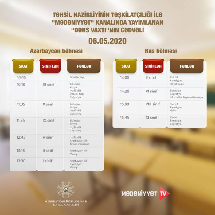В Азербайджане обнародован график школьных телеуроков на 6 мая