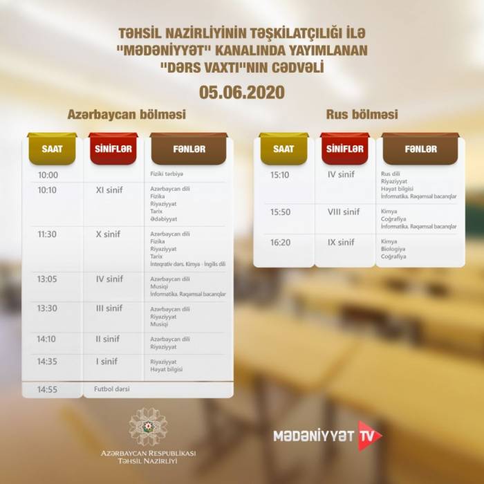 В Азербайджане обнародовано расписание школьных телеуроков на 5 июня
