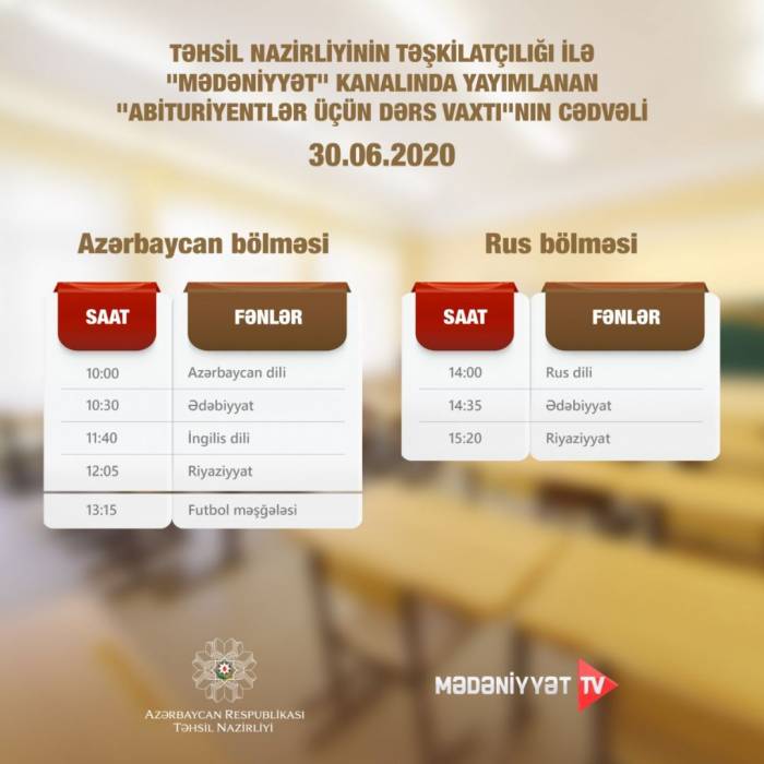 В Азербайджане опубликовано расписание телеуроков для абитуриентов на 30 июня
