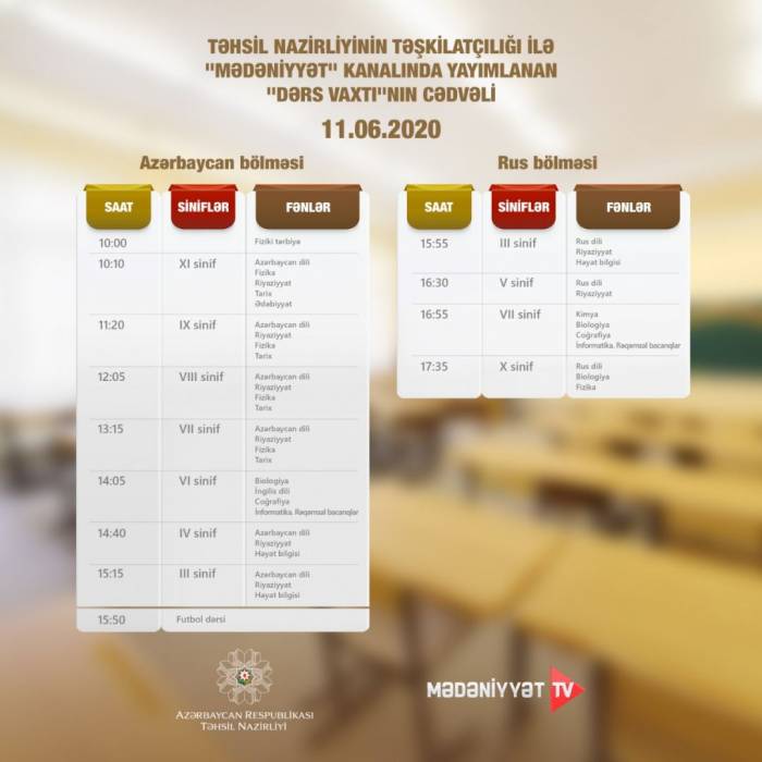 Опубликовано завтрашнее расписание школьных телеуроков в Азербайджане
