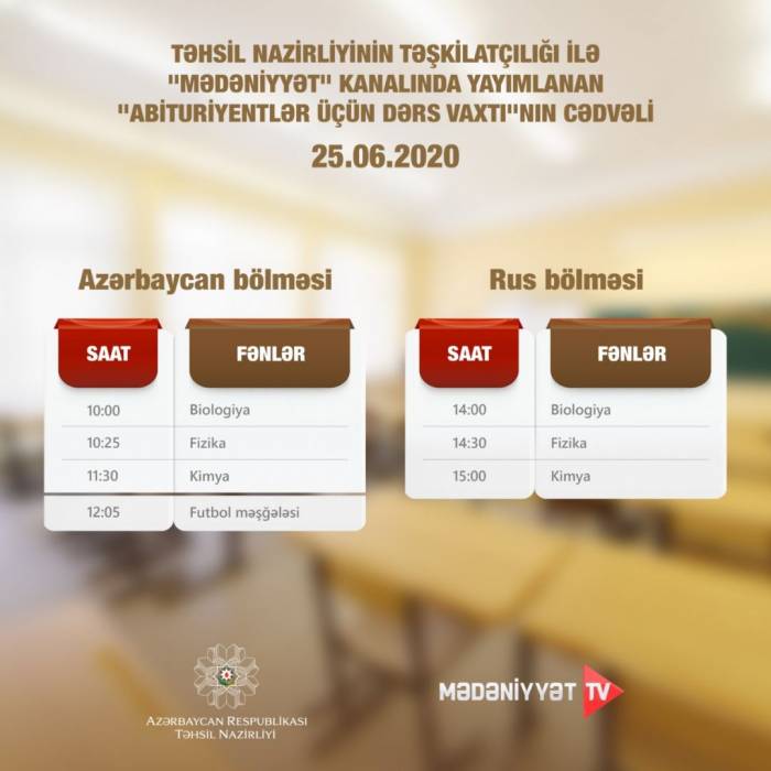 В Азербайджане опубликовано расписание телеуроков для абитуриентов на 25 июня