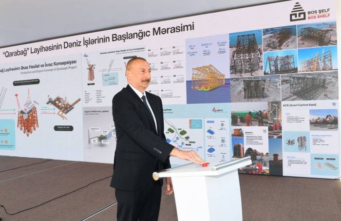Президент Ильхам Алиев на церемонии отправки в море опорного блока месторождения «Карабах» - ФОТО

