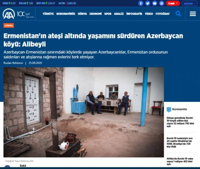 Анатолийское агентство подготовило репортаж из азербайджанского села Алибейли, где люди продолжают жить под обстрелом Армении
