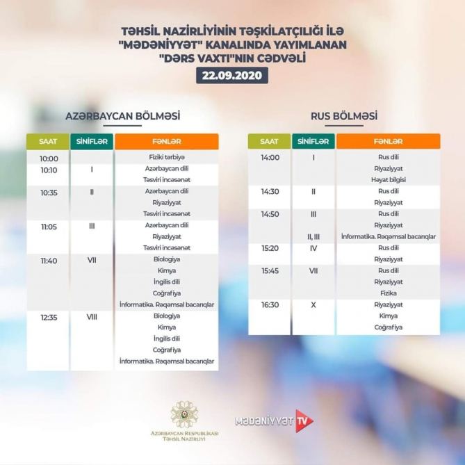 Оглашено расписание школьных телеуроков в Азербайджане на 22 сентября