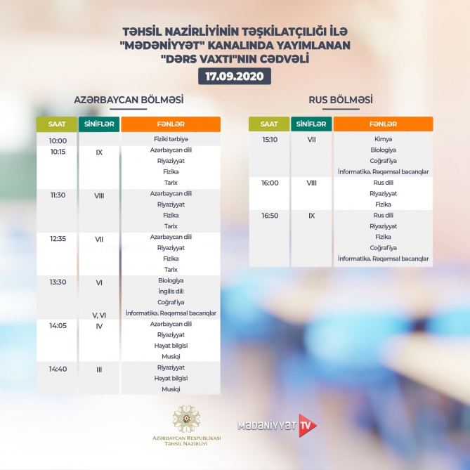 Опубликовано расписание школьных телеуроков в Азербайджане на 18 сентября
