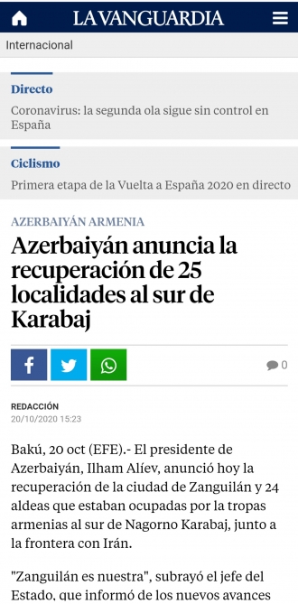 «La Vanguardia» пишет об освобождении Азербайджаном города Зангилан