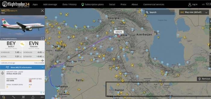 Авиационный портал подтвердил перемещение авиарейса с наемниками из Ливана в Армению 