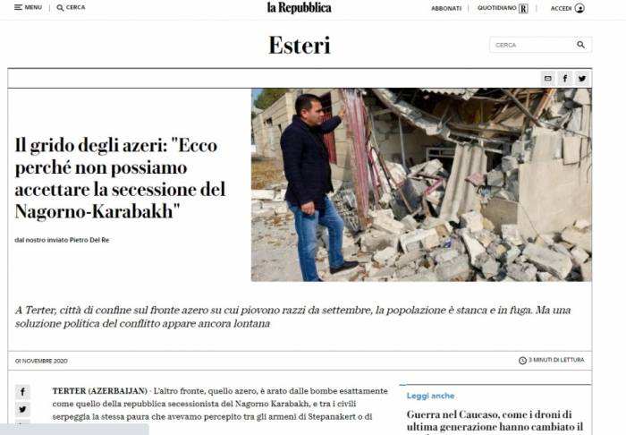 В итальянской газете La Republica опубликована статья о нагорно-карабахском конфликте
