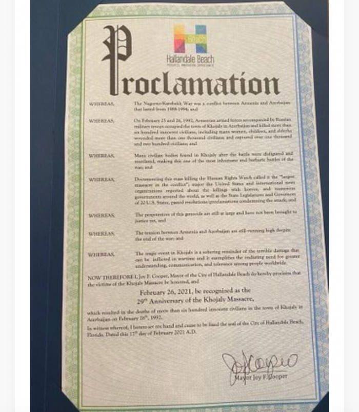 Мэр Халландейл Бич подписал декларацию в связи с Ходжалинским геноцидом
