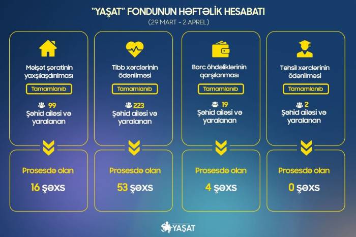 Фонд "YAŞAT" оплатил медрасходы 223 семей шехидов и ветеранов войны 
