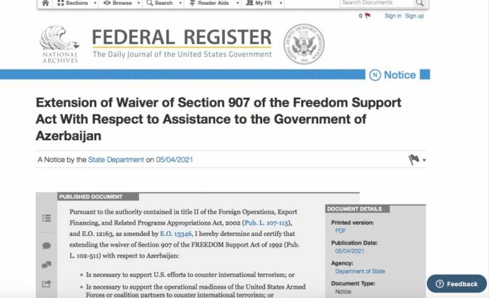 В журнале правительства США опубликовано распоряжение о приостановлении действия 907-й поправки 