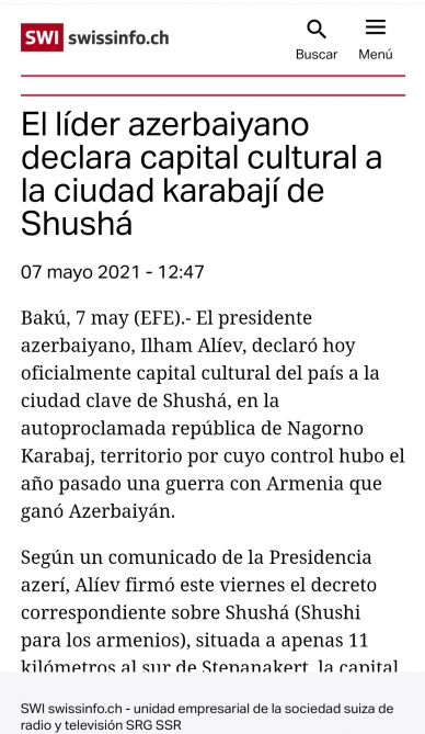 Швейцарское издание пишет об объявлении Президентом Азербайджана Шуши культурной столицей