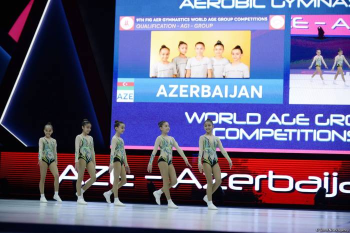Азербайджанская команда в финале Всемирных соревнований по аэробной гимнастике в Баку 