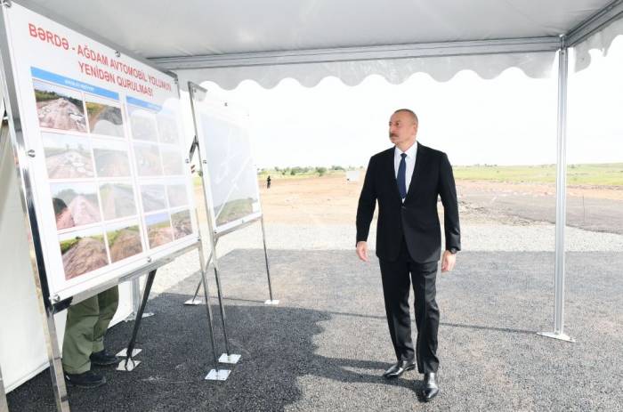 Ильхам Алиев на церемонии закладки фундамента автомобильной дороги Барда-Агдам
