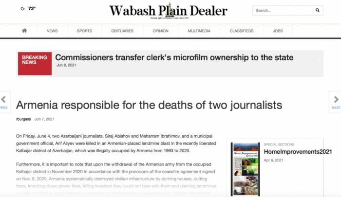 Wabash Plain Dealer: Армения ответственна за гибель двух журналистов
