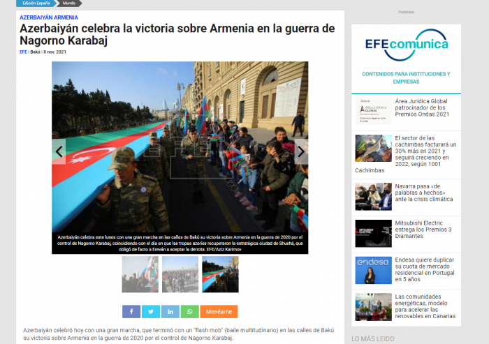 В испанском издании EFE опубликована статья, посвященная Дню Победы Азербайджана
