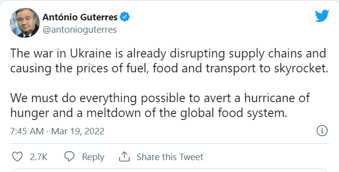 Война в Украине может привести к «урагану голода», - генсек ООН
