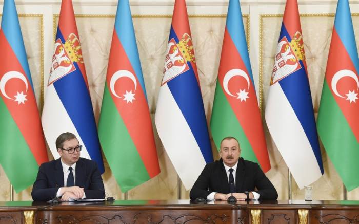 Президенты Азербайджана и Сербии выступили с заявлениями для печати-ФОТО
