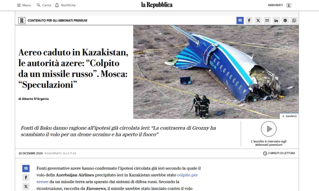 Итальянские медиа пишут о крушении самолета AZAL в результате вмешательства извне