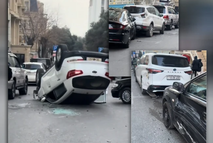 В Баку KIA перевернулся после столкновения с шестью автомобилями - ВИДЕО