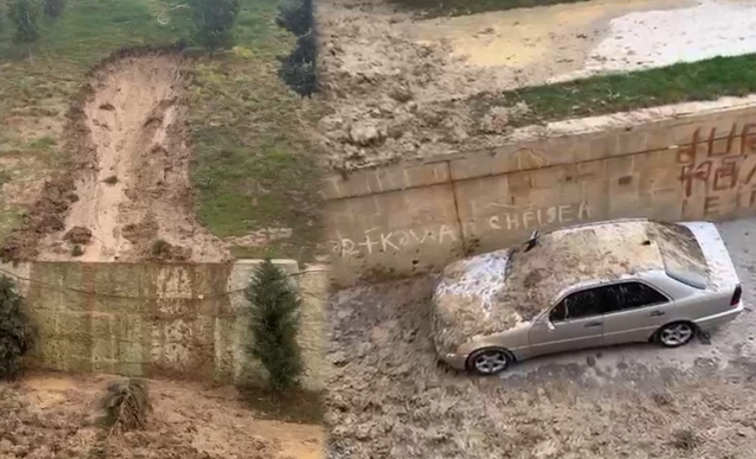 Оползень в Баку: автомобиль погребен под земляным пластом у детской поликлиники