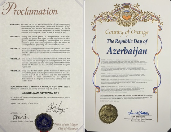 В Калифорния 28 мая объявлен "Азербайджанским национальным днем"