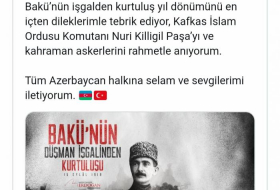 Эрдоган поделился публикацией в связи со 103-летней годовщиной освобождения Баку
